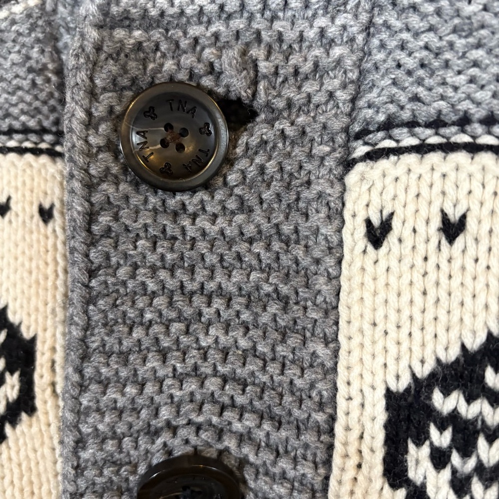 TNA 100% Lambswool Shawl Collar Cardigan Grey Cream Womens Size XS - Picture 7 of 10